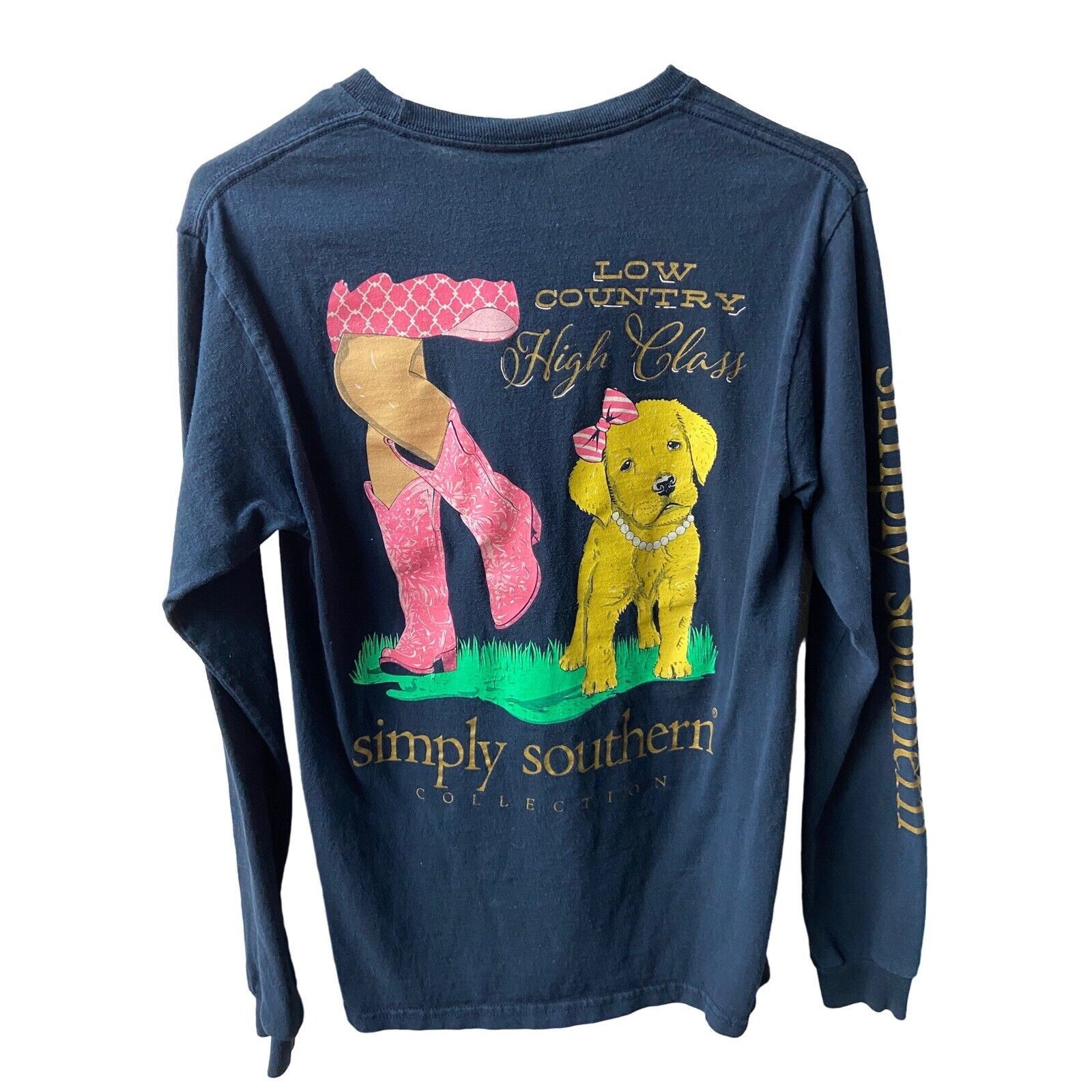 Simply Southern Low Country T Shirt Womens Small Navy Blue High Class Boots
